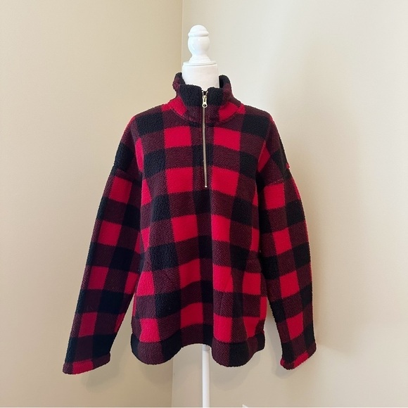 Old Navy Sherpa Buffalo Plaid Red Black 1/4 Zip Pullover NWT - XL - Picture 12 of 12